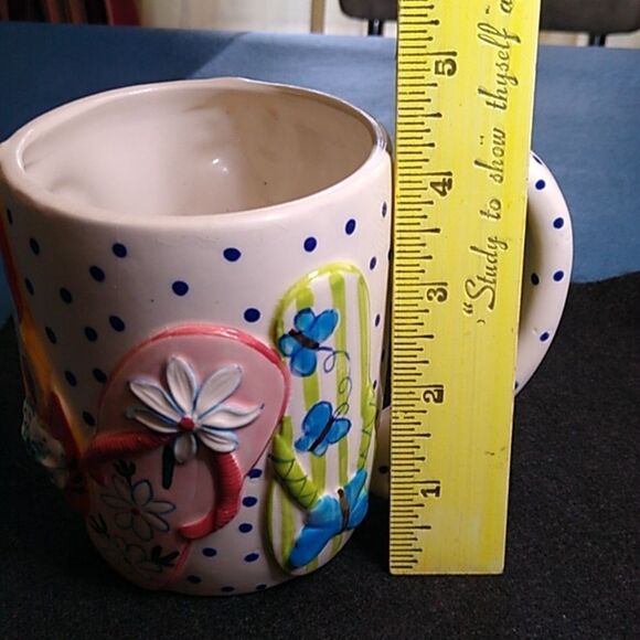 Flip Flop Sandals Stoneware Mug Blue Polk a dots/Flowers Cottagecore - Picture 7 of 7